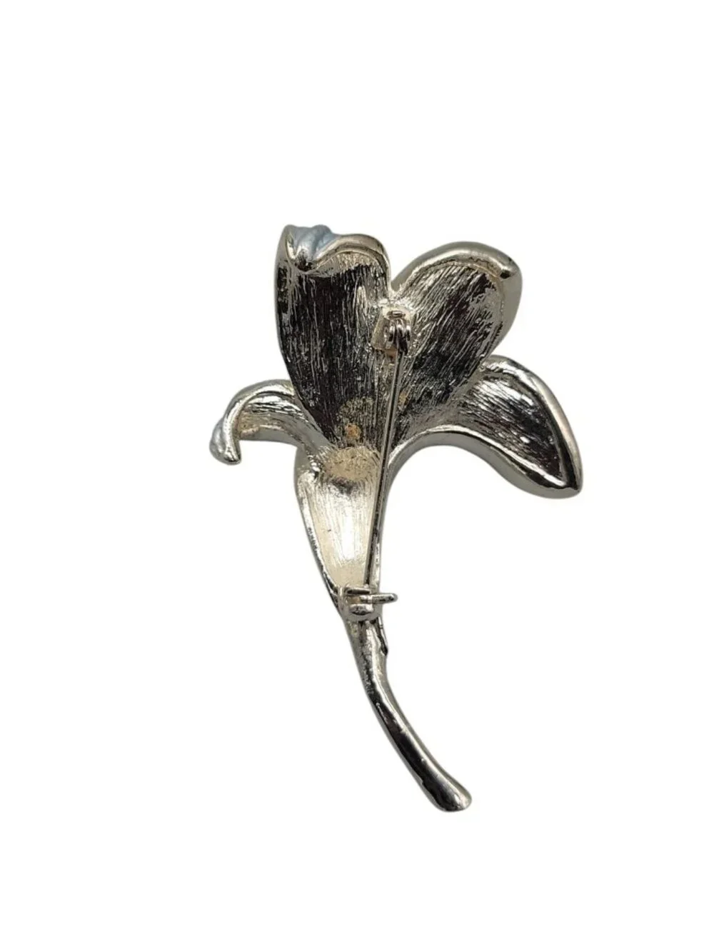 Baby Blue Lilly Brooch Silver Tone Faux Pearl Vintage Matte Enameled Pin